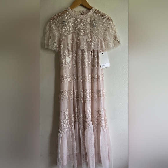 NWT! Mac Duggal, Embroidered Ruffled Sleeve Midi Dress,Blush,Size 10, MSRP $498 - Picture 4 of 11